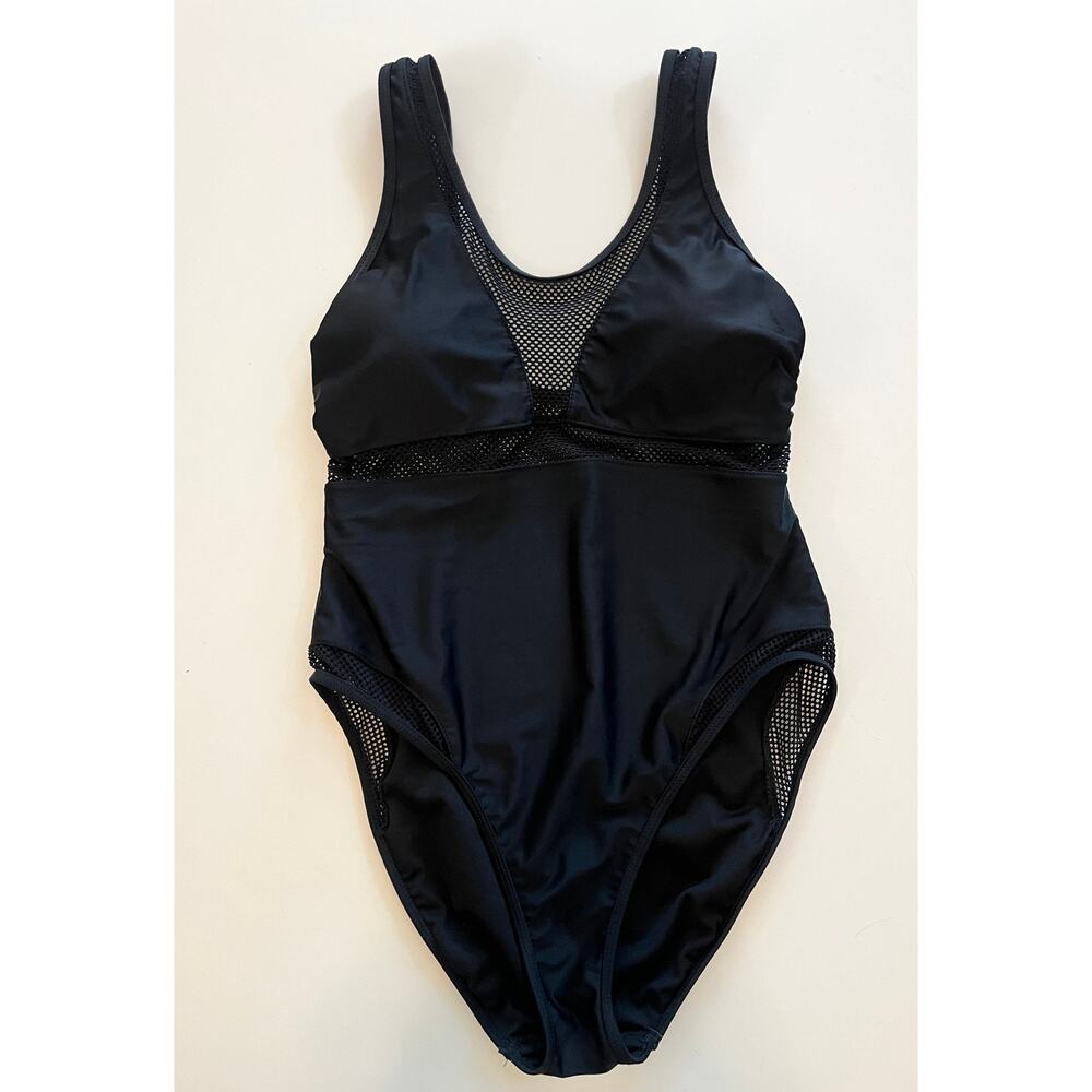 Women's YMI One-Piece Black Swimsuit with Mesh Accent